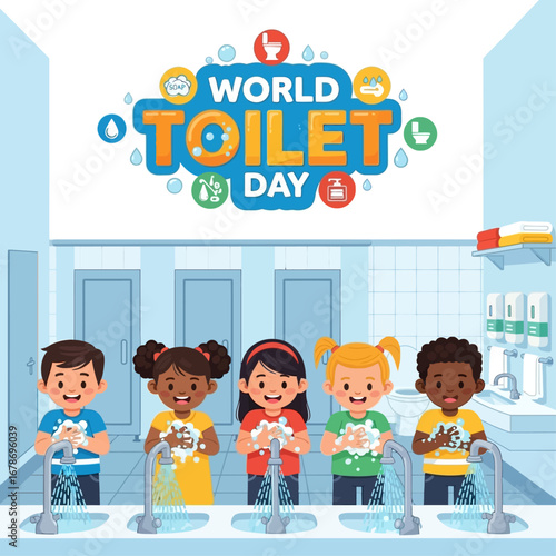 Flat vector concept art showing children washing hands with soap near a toilet facility, clean water flowing, World Toilet Day awareness theme, colorful educational style