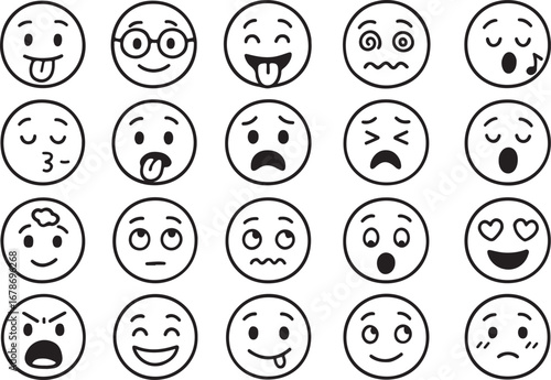 Collection of hand drawn doodle style emoticons expressing a wide range of emotions and feelings in a grid layout