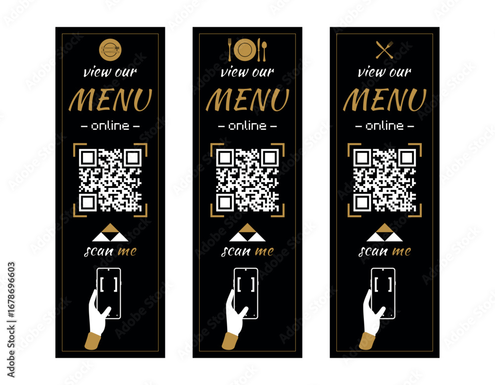 Naklejka premium Scan for menu and order. Set of QR code scan icon. Mobile Food delivery concept. Customer service.