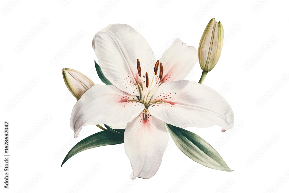 Fototapeta premium Elegant white lily flower with bud isolated on transparent background. White lily flower isolated on white background.