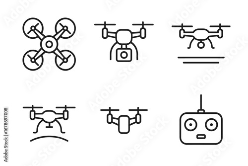 Collection of drone icons featuring various designs and remote controller