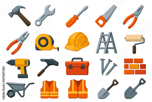 Wallpaper Mural Set of construction tools including hammer, wrench, hard hat, and drill on white background Torontodigital.ca