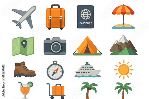 Travel icons: airplane, luggage, passport, camera, compass, beach, sun