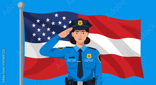 Illustration of police officer saluting in front of waving national flag for Police Day
