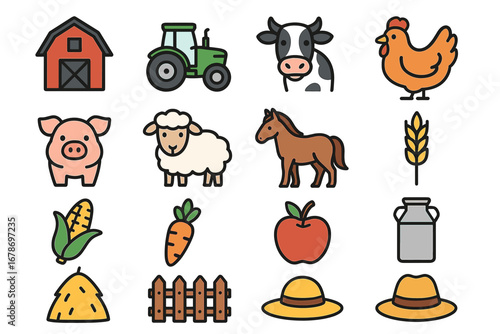 Farm life icons: animals, crops, and equipment in simple cartoon style
