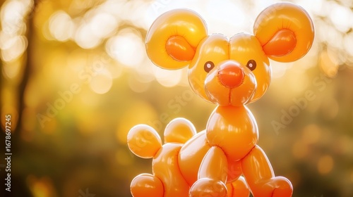 Playful Orange Balloon Animal Dog Figurine at Sunset Background