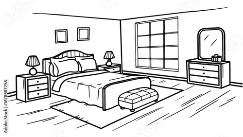 Modern bedroom interior design sketch with furniture and window light