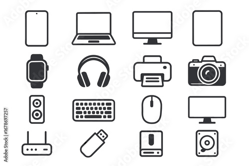 Electronic devices collection: smartphones, laptops, cameras, and more icons