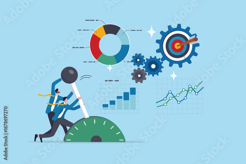Data optimization to improve business result, analyzing or strategy development, research to increase efficiency or productivity, businessman teamwork control or optimize data to improve performance.