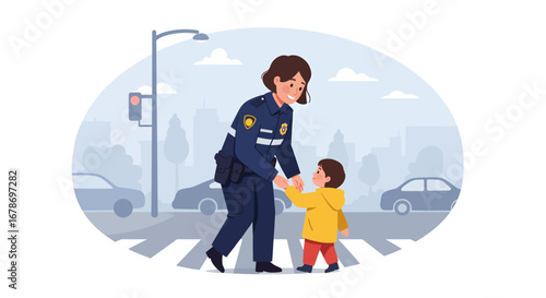 Police officer comforting child illustration symbolizing safety and protection

