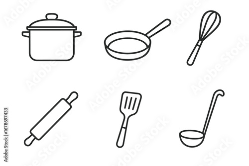 Collection of essential kitchen utensils line icons