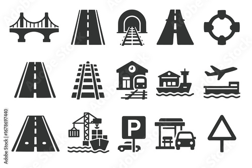 Transportation icons set: roads, bridges, railways, airports, and ports