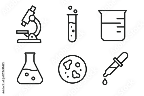 Laboratory equipment icons: microscope, test tubes, beaker, flask, petri dish, pipette