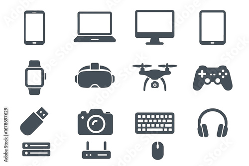Modern digital devices collection: smartphone, laptop, monitor, drone, game controller, and more