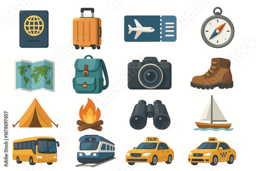Travel and adventure icons: luggage, tickets, compass, map, backpack, camera, camping essentials, transportation