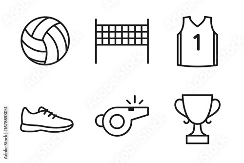 Volleyball equipment icons: ball, net, jersey, shoe, whistle, trophy