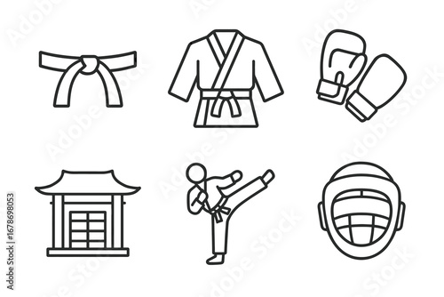 Martial arts icons: belt, gi, gloves, dojo, kicker, helmet in minimalist style