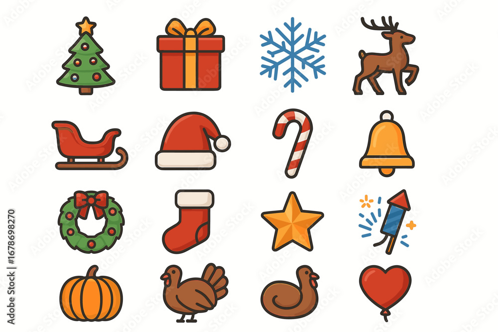 Fototapeta premium Festive holiday icons: christmas, new year, winter, thanksgiving symbols collection