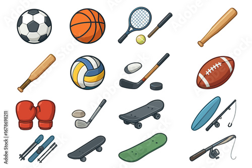 Collection of various sports equipment including balls, rackets, skates, and fishing rod