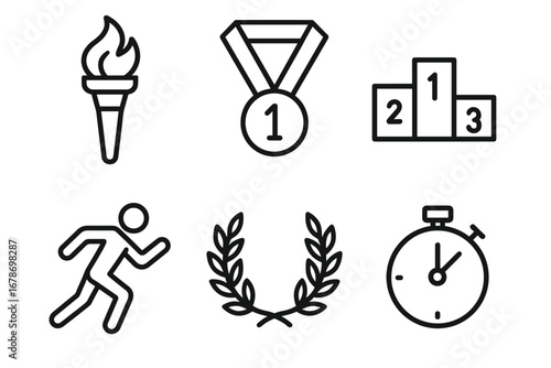 Olympic symbols: torch, medal, podium, runner, laurel, stopwatch for athletic achievement