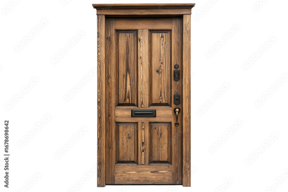 Obraz premium Antique wooden door with glass panes isolated on transparent background. Wood door isolated on white background.