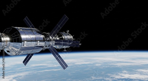 Fototapeta Naklejka Na Ścianę i Meble -  Retro Futuristic Orbital Space Station Earth View Solar Power Panels Advanced Technology Spacecraft Design