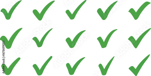 Fifteen vibrant green checkmarks symbolizing confirmation, success, and approval.