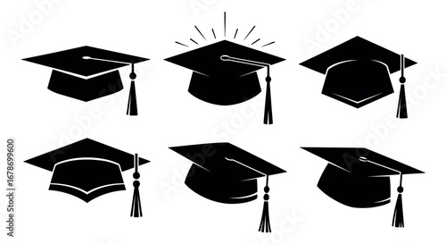 Collection of graduation caps vector silhouette.