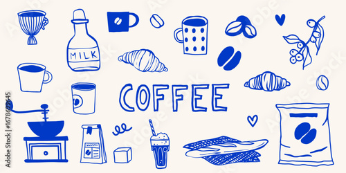 Coffee cup cafe icon doodle hand drawn illustration branding illustration set. Drink vector promotion beverage banner flyer menu collection in simple sketchy whimsical retro style.