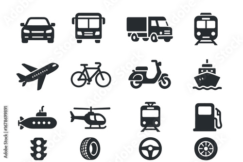 Icons of various transportation modes including car, bus, bicycle, and train