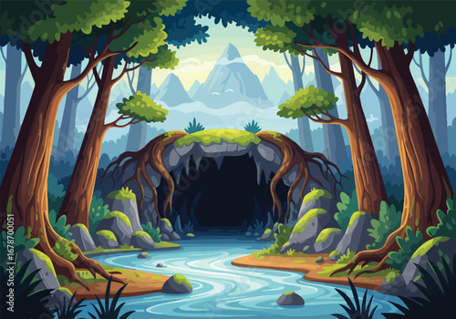Vector Forest Cave with River and Mountain Background