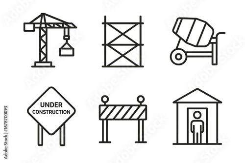 Construction equipment icons: crane, scaffolding, concrete mixer, sign, barrier, shed