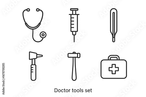 Essential doctor tools line icons: stethoscope, syringe, thermometer, otoscope, reflex hammer, first aid kit
