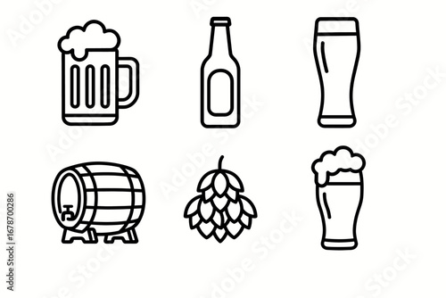 Outlined icons of beer mug, bottle, pint glass, barrel, hops, foam glass
