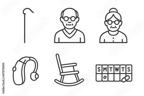Icons of elderly care: walking cane, seniors, hearing aid, rocking chair, weekly planner