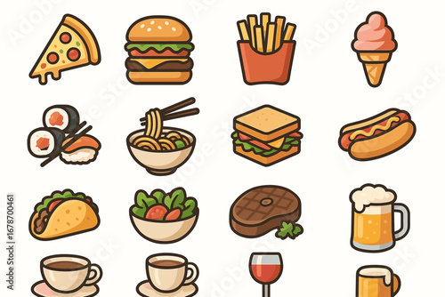 Colorful icons of popular foods including pizza, burgers, and desserts