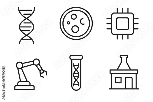 Scientific icons: dna, cell, microchip, robot arm, test tube, laboratory