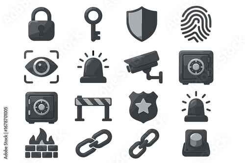 Security icons set: lock, key, shield, camera, fingerprint, safe, alarm, firewall