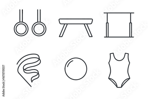 Outline icons of gymnastics equipment including rings, pommel horse, uneven bars, ribbon, ball, leotard