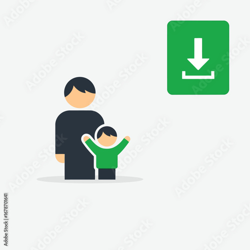 Vector illustration of a illustration of a parent and child with arms raised, next to a green download icon, symbolizing family and data transfer