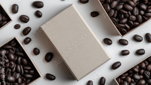 Light beige box amidst coffee beans