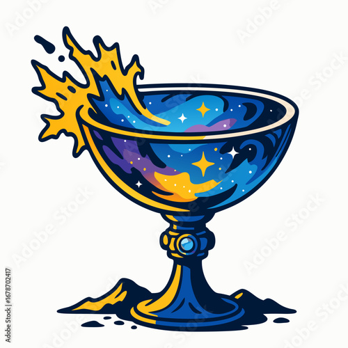 Ornate blue and gold chalice splashing stars and liquid light, front view on clean white, mythic fantasy celebration emblem