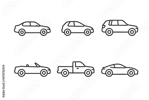 Outlined car icon set featuring variety of vehicle types