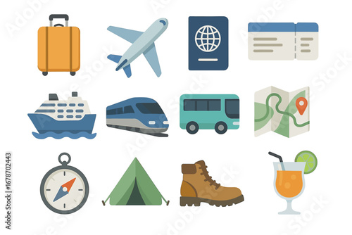 Travel icons: luggage, passport, transportation, navigation, camping, beverage