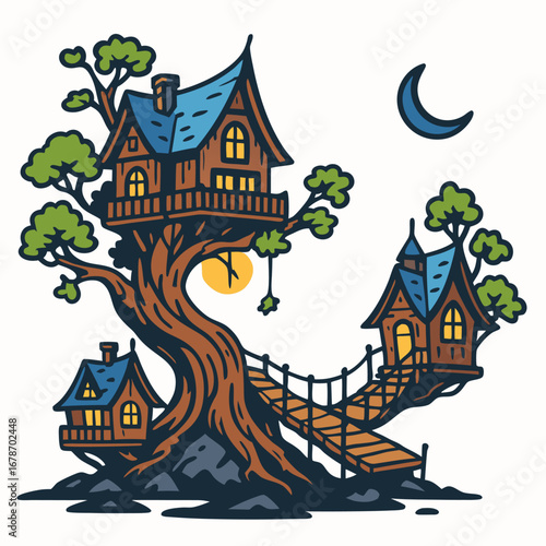 Whimsical multi-level treehouse on old oak tree (Quercus spp.) under a crescent moon, fairy-tale night scene with ladders and lanterns, cozy forest village mood