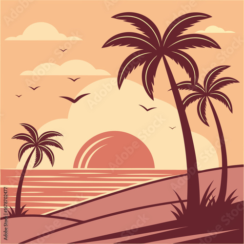 Silhouetted palm trees sway gently near the serene coastline during a tropical sunset