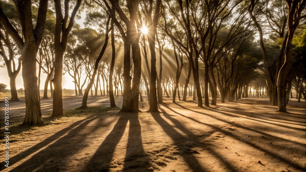 Obraz premium Serene Forest Landscape with Sunlight Filtering Through Trees, Casting Long Afternoon Shadows