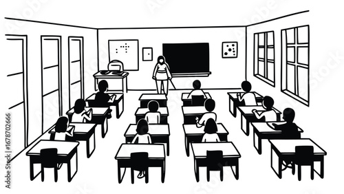 Classic classroom scene of focused students learning from a teacher