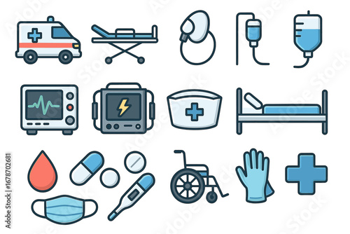 Medical equipment icons set featuring ambulance, stretcher, iv, and monitoring devices
