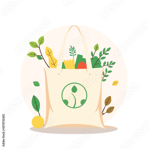 Sustainable shopping with a reusable tote bag. Flat vector.